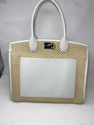 Salvatore Ferragamo Studio Tote Bag - Woven Straw Texture with White Leather Acc - Image 1 of 4