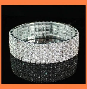 FIVE-ROW CLEAR AUSTRIAN RHINESTONE CRYSTAL STRETCH BANGLE BRACELET SILVER BRIDAL - Picture 1 of 2