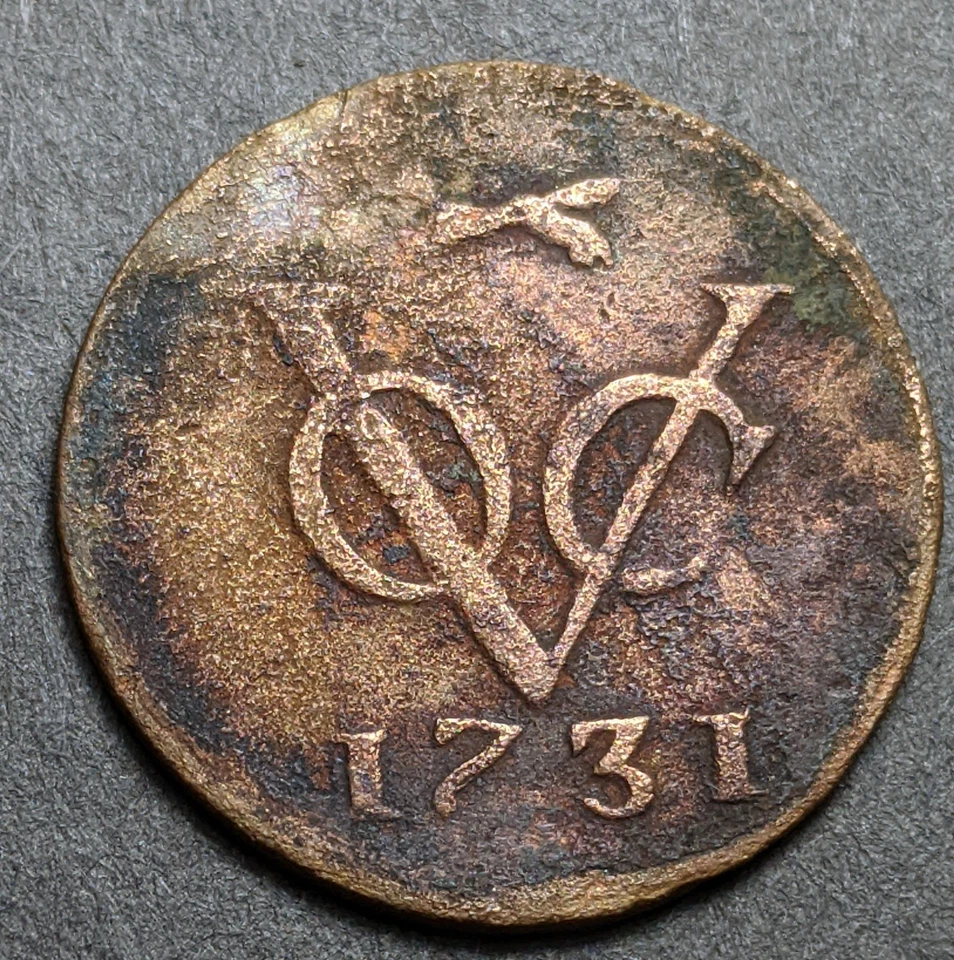 Antigua moneda de la Compañía Holandesa de las Indias Orientales 1731 VOC Duit Foto 1 de 2