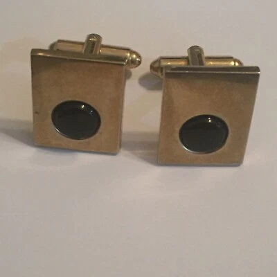 Gold Tone Cufflinks Rectangular with Onyx Stone Shields Cufflinks  - Image 1 of 3