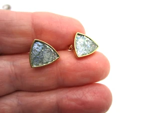 Estate Vintage 14K Yellow Gold Signed SR Roman Glass Elegant Pierced Earrings - Picture 1 of 3