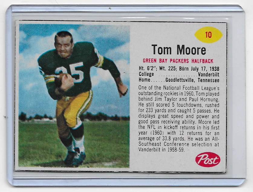 1962 POST CEREAL Tom Moore SP #10 Green Bay Packers BLACK BORDER SHOWING RARE - Image 1 of 1