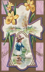 Children Girl Swan Daffodil Easter Postcard Series 4 - Picture 1 of 2