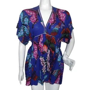 DESIGUAL Top/Tunic, S, Crochet accent, Blue/Floral, Open back/Tie, Short sleeve - Picture 1 of 12