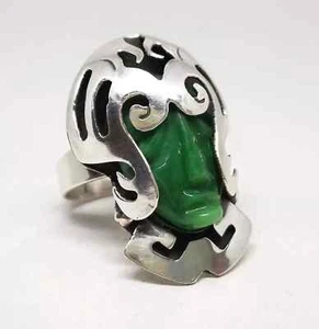 Vtg Mexican Mayan Warrior Carved Jade 925 Sterling Silver Ring Sz O½ Adjustable - Picture 1 of 12
