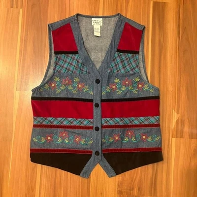 encantador chaleco bordado vintage años 90 patchwork denim y terciopelo talla pequeña Foto 1 de 4