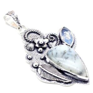 925 Sterling Silver Dendrite Agate & Opalite Gemstone Jewelry Pendant Size-2.10