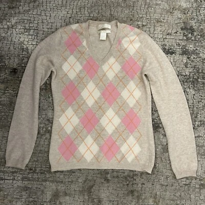 Geneva 100% Cashmere V Neck  Argyle Sweater Sz S  Preppy Country Club - Image 1 of 4