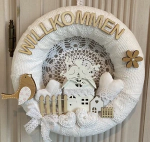Handgefertigter Romantik Deko Kranz Häkelspitzen Vogel Pärchen Willkommen -309 - Bild 1 von 8