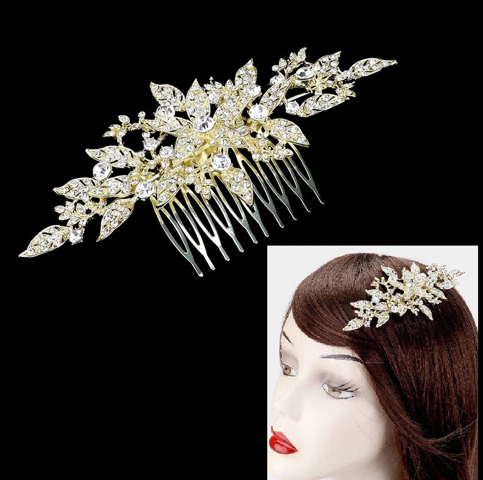 Pente de cabelo cristal strass bastão casamento noiva coquetel folha galho flor  - Imagem 1 de 1