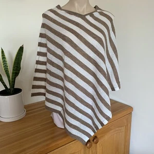 Women's Cashmere Poncho Brown White Stripped Warm Pullover Winter Body Wrap Top - Picture 1 of 6