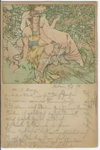 1899 Jugendstil "Thor & Frieda" Künstler signiert Mucha handgetönte Postkarte - Bild 1 von 2