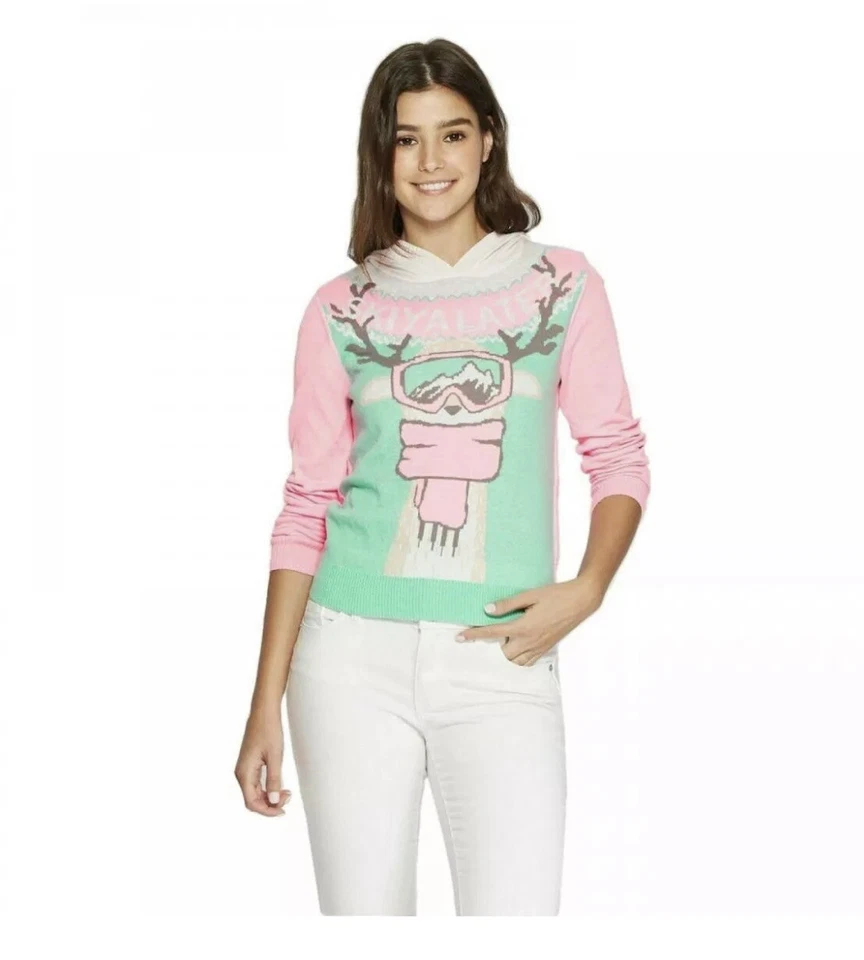 Women’s Pink Ski YA Later Deer Hoodie Long Sleeve Lightweight Knit Sweater