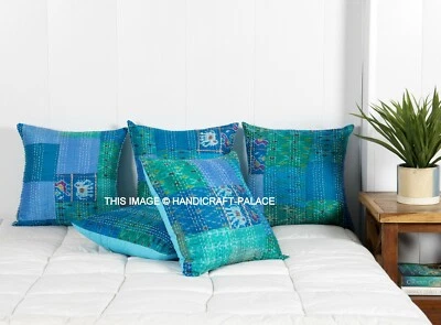 Luxury Turquoise Silk Patchwork Kantha Work Cushion Covers Handmade 16 x 16" - Image 1 of 4