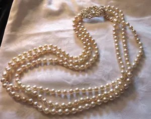 3 Strand Faux White Pearls Beads Vintage Necklace Fancy Enhancer - Picture 1 of 6