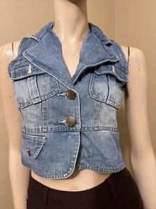 Women’s Light Blue Cotton Denim Casual Vintage Slim Pockets Buttons Size S Vest - Picture 1 of 18