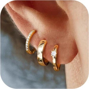 3 Pairs Gold Hoop Earrings for Women 14K Gold Filled 925 Sterling Silver Post Sm - Picture 1 of 12