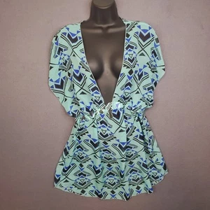 Túnica transparente Miken Swim Cover Up azul turquesa negro diseño azteca profunda talla V L - Imagen 1 de 9