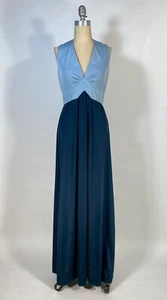 Vintage 1970's FELIX ARBEO silky jersey blue color block empire waist gown M/L - Picture 1 of 13