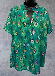 Womens Noracora Blouse Short Sleeve Green Floral Peacock Design XL - Picture 1 of 7