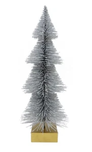 H for Happy 12-Inch Medium Bottle Brush Christmas Tree Figurine Silver Glitter - Picture 1 of 2