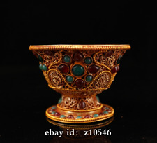 3.4" China Tibet temple Handmade Tibetan silver Filigree gilt water bowl