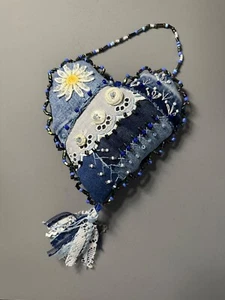 Denim Hanging HEART with TASSEL beaded, lace, handmade, recycled, valentine - Picture 1 of 5
