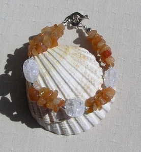 SALE Aventurine & Crackled Clear Quartz Gemstone Beaded Bracelet "Zinnia Dew" - Picture 1 of 6