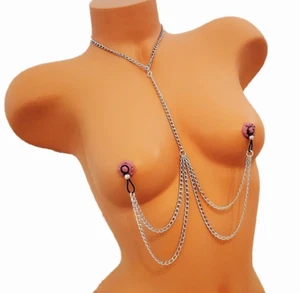 Silver Non Piercing Nipple Chain Necklace Fake Nipple Rings Nipple Noose Jewelry - Picture 1 of 2