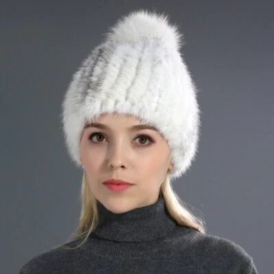 Sombrero de piel de invierno para mujer visón real cálido gorro gorra pompón de zorro negro vino beige gris Foto 1 de 4