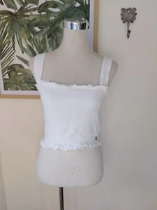 Roxy Size XL Cute Cropped Tank Top Casual Cotton Shirred Ruffled Stretch White - Picture 1 of 5
