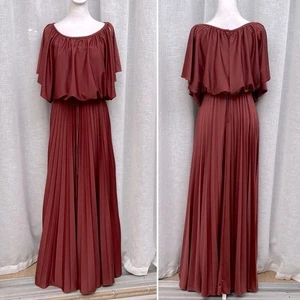 1970 Maxi off shoulder pleated Dress in Burnt Orange - Picture 1 of 7