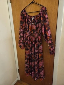 Steve Madden Floral Long Sleeve Midi Dress Pink Red Black Romantic Boho - Picture 1 of 5