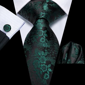 Cravatta uomo verde fiore moda floreale cravatta fazzoletto set gemelli festa - Foto 1 di 6