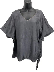 ANA graues Shirt Bluse Tunika Oberteil Damen 1X Kurzarm Kordelzug Saum V-Ausschnitt - Bild 1 von 10
