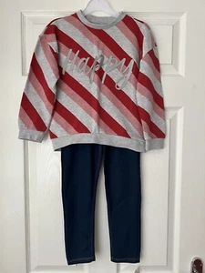 Girls Outfit Stripped Red Grey Jumper Blue Jeggings age 6-7 Years - Picture 1 of 17