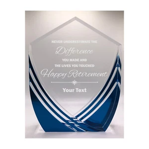 Custom Retirement Award with Personalized Text Acrylic Shield Shaped Trophy - Picture 1 of 5