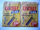 2 sehr alte Papiertten Werbung fr CRICKET GAS Feuerzeuge neu mit Lagerspuren