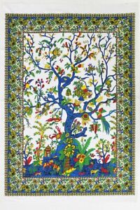 White Blue TREE OF LIFE  Indian Cotton Mandala Poster Wall Hanging Tapestry