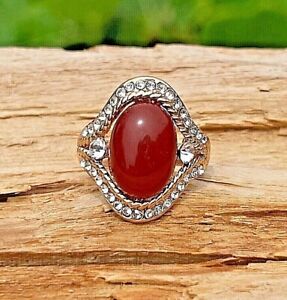 Red Resin Gemstone Crystal Rhinestones Gold Steel Ring - Size 6.75