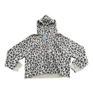 NWT Sz L Lucky Brand Leopard Print Raw Edge Hem Cropped Hooded Sweatshirt - Picture 1 of 11