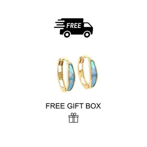14k Yellow Gold Light Blue Opal Huggie Hoop Earrings - Picture 1 of 1
