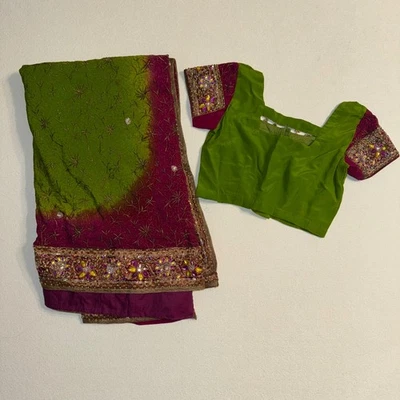 Blusa sari bordada con lentejuelas Dupatta verde rosa ropa formal de fiesta Foto 1 de 4