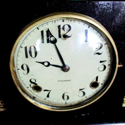 Antique "GILBERT" Black Mantle Clock T&S On Top Bell, 8 Day Bell Top. RUNS - Image 1 of 4