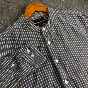 Banana Republic Shirt Mens Large Blue Button Linen Blend Stripe Band Collar - Picture 1 of 9