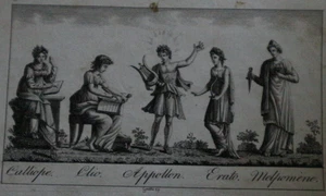 ancienne gravure XVIIIe mythologie CALLIOPE CLIO APOLLON ERATO MELPOMENE MUSES - Picture 1 of 2