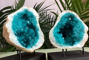 Large Geode Crystal Quartz Specimen Open Geode Pair W/Stands Morocco Blue Geode. - Picture 1 of 12