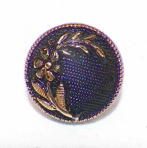 5 Antique Black Glass Buttons Gold Flowers Purple Luster Pressed Self Shanks #10 Cover