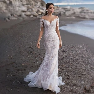 Mermaid Wedding Dress Bride Long Sleeve Invisible Neckline Appliques Bride Gown - Picture 1 of 9