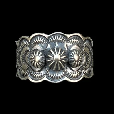 Sterling Silver Stamped Ring, small concho buttons, band Navajo BENNY RAMONE - Image 1 of 4